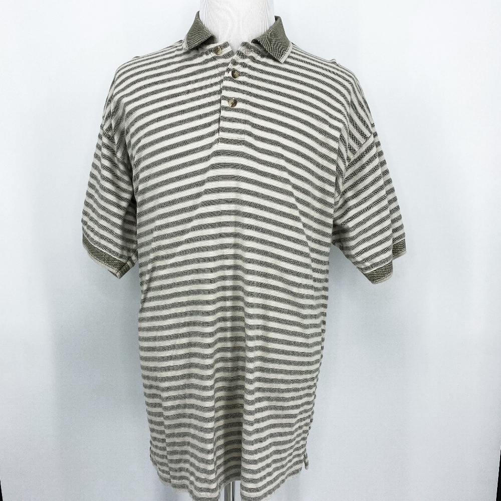 Woolrich Polo Shirt Pullover with Green & White Horizontal Stripes Men's XL